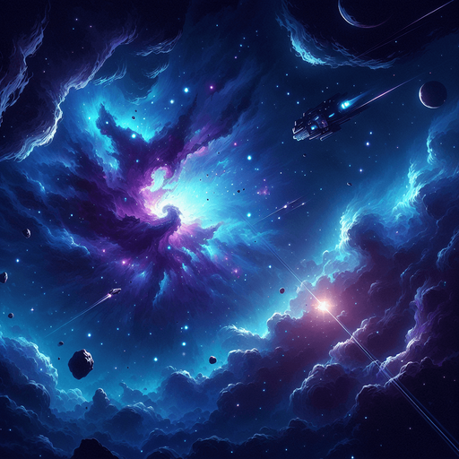 A vibrant and dynamic 2D space background for a top-down space shooter game. The scene features a deep, dark space filled with glowing nebulae in shades of blue and purple, scattered distant stars, and swirling cosmic dust. A subtle parallax effect is suggested with faintly glowing planets and asteroids in the background. The atmosphere is slightly mysterious and futuristic, with soft light gradients to create depth. The overall tone is immersive but does not distract from gameplay, ensuring clear visibility of player and enemy ships..
Single Game Texture.  Blank background.  High contrast.  No shadows