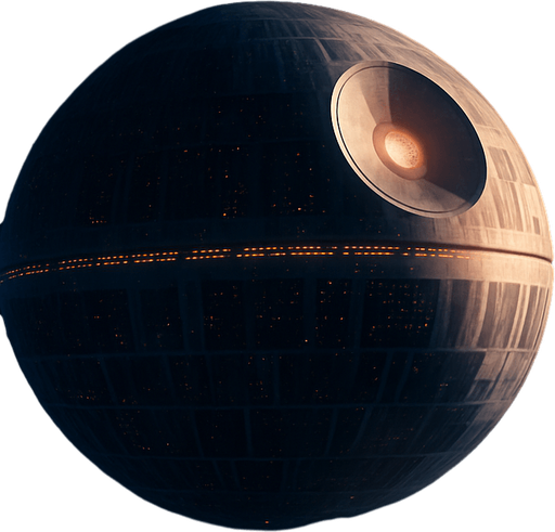 A dramatic sci-fi space background featuring a massive spherical orbital station inspired by the Death Star, orbiting a distant planet. The station has detailed surface structures, illuminated trenches, and a large superlaser dish glowing softly. Surrounding the station are small starfighters flying in formation against a vibrant starfield filled with colorful nebulas in shades of blue, purple, and orange. The distant planet below shows visible continents and atmosphere with soft clouds. The scene is cinematic and mysterious, with dynamic lighting and subtle lens flares to enhance depth and realism. High resolution, widescreen format, concept art style, original and copyright-safe..
In-Game asset.  2d.  High contrast.  No shadows