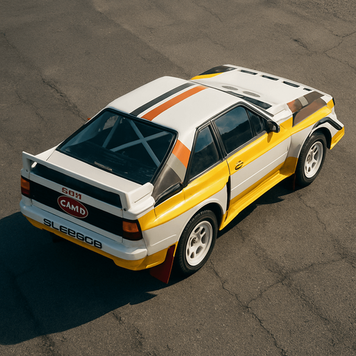 Photorealistic audi b2 quattro RALLYCAR, drone topview from back. Angle should be 45 degrees in the top right corner of the screen