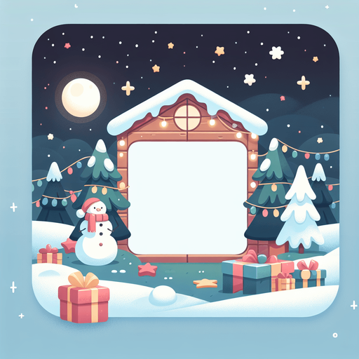 Outdoor, nighttime Christmas Background for puzzle game. Cartoon. Pastel colors, flat shaded, vector art. Full width blank square in center. Sharp corners.