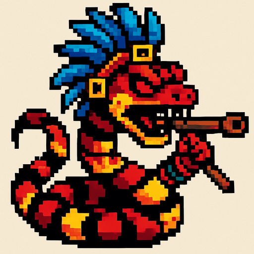 Genérame una Serpiente coral guerrero azteca con eso patrones, estilo pixelar, con una apariencia maligna, ojos rojos, rabioso. Unidad a distancia, con cerbatana. Animal.
In-Game asset.  2d.  High contrast.  No shadows