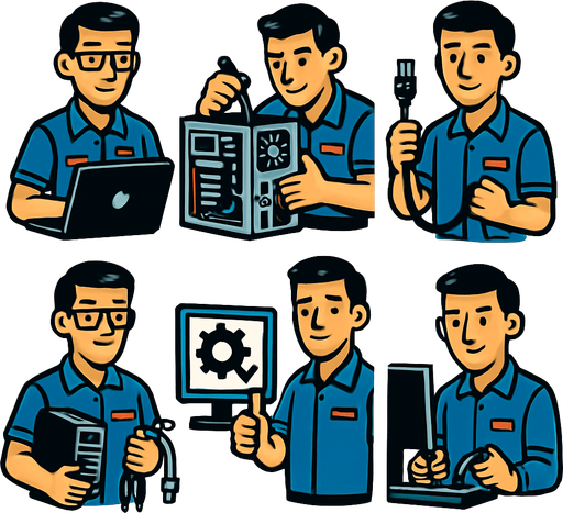 Bilgisayar teknikeri personel, 6 farklı resim olsun..
In-Game asset.  2d.  High contrast.  No shadows