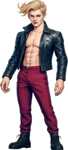 Swishy graceful man Cyberpunk manga, idle animation, shiny black leather biker jacket longsleeves shirtless Skinny abs blonde pompadour guy, wine red joggers combat boots, Background removed, "Full-body character, entirely in frame, no cropping of face, head, or feet" "Complete character visible, from head to toe, fully centered in the image" "Entire character, including face and boots, fully within the frame" Character fully contained within a square frame, no edges cut off fashion model idle pose