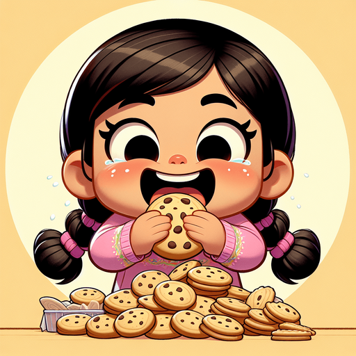 A cute girl happily eating way too many vanilla cookies. Single Game Texture. In-Game asset. 2d. Blank background. High contrast. No shadows.