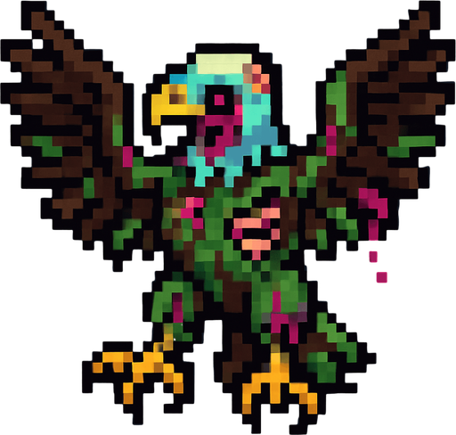 Uma águia zumbi, vista aérea, estilo pixel art.
In-Game asset.  2d.  High contrast.  No shadows
