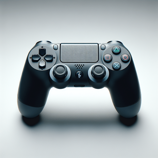 A sleek game controller inspired by a PlayStation design, viewed from a front perspective. On the left side, there is a cluster of four directional arrow buttons arranged in a cross pattern. On the right side, four distinct circular buttons are arranged in a diamond shape, each with a unique symbol: a blue button with a simple 'X', a red button with a 'O', a green button with a triangle, and a pink button with a square. The controller itself is ergonomic, with a clean and modern design, featuring a matte black surface and subtle accents for a polished and professional gaming aesthetic..
Single Game Texture. In-Game asset. 2d. Blank background. High contrast. No shadows.