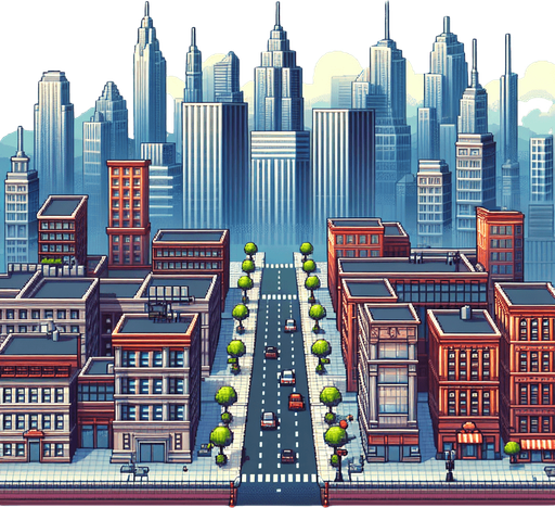 city with skyscrapers with a big street at the bottom.
in-Game background asset. 2d. High contrast. No shadows. 8bit.