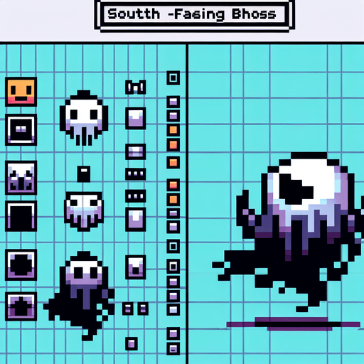 make a floating ghost 8bit boss for a game facing south.
Single Game Texture. In-Game asset. 2d. Blank background. High contrast. No shadows.