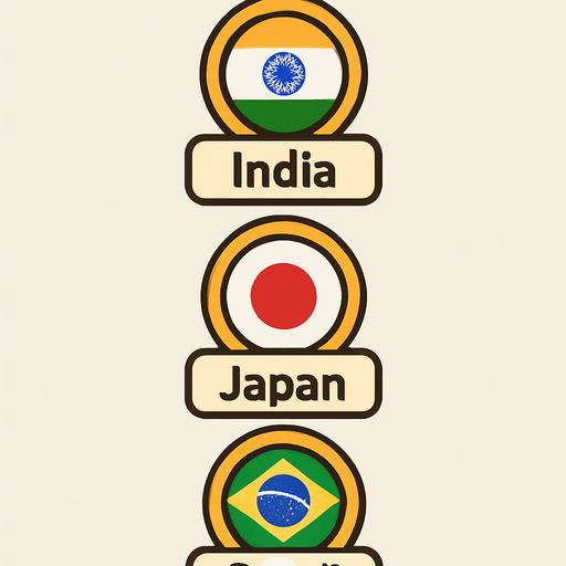 A flat, 2D game UI-style asset showing a vertical set of three country pins labeled: "India", "Japan", and "Brazil". Each pin includes a circular flag icon above the text label. The layout is columnar, cartoonish, and visually clean. Each pin should be exportable or usable individually for a mobile game's level selection screen..
In-Game asset.  2d.  High contrast.  No shadows