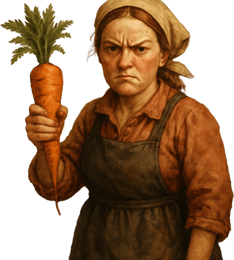 Elinde havuç olan kızgın bir çiftçi.
Karakter ayakkabısı siyah