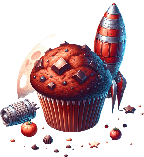 create a muffin with a rocket. muffin goes to the moon.
Single Game Texture. In-Game asset. 2d. Blank background. High contrast. No shadows.