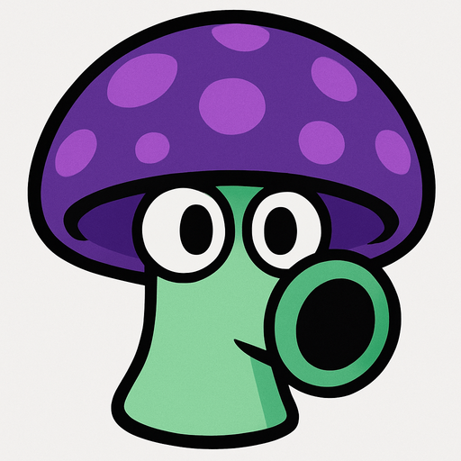 Sombrero Púrpura: Tiene un sombrero grande y redondo de color púrpura oscuro o violeta, con manchas o puntos de un púrpura ligeramente más claro.

Tallo Verde Claro: Su tallo es corto y robusto, de un color verde claro o menta.

Ojos Grandes y Boquilla: Posee dos ojos grandes y redondos, y una "boca" o boquilla prominente en el frente, de color verde oscuro, desde donde expulsa sus proyectiles..
In-Game asset.  2d.  High contrast.  No shadows