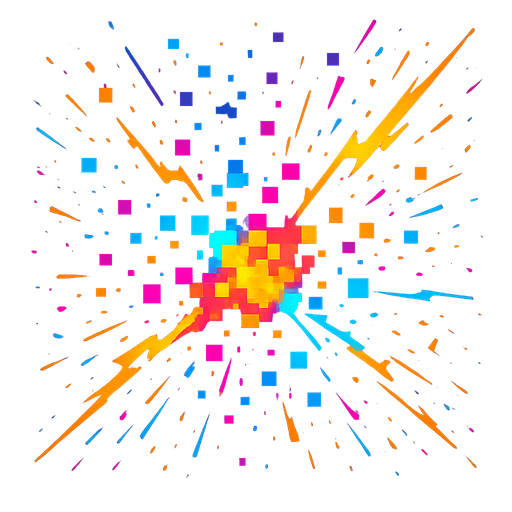 digital explosion. squares. pixels. chaos. neon. sparks.
In-Game asset.  2d.  High contrast.  No shadows
