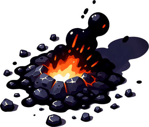 a black scorch mark on the ground left by a meteor impact. cartoon.
Single Game Texture.  In-Game asset.  2d.  Blank background.  High contrast.  No shadows