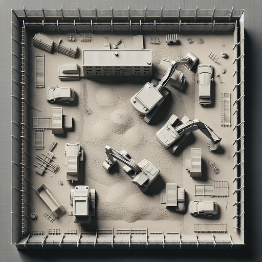 A small Constrution Yard. 
No people, No buidings, just 2-3 construction machinery with a fence.
No perspective, Directly from above