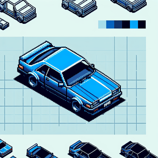 Top-down view of a simple blue car in pixel art style, 64x64 size, designed for an endless driving game, minimal detail, arcade style".
Single Game Texture.  In-Game asset.  2d.  Blank background.  High contrast.  No shadows