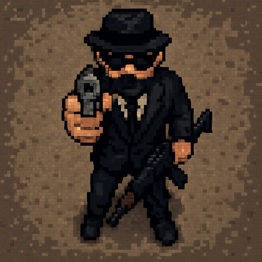 sicario vestido de negro hecho con pixeles y con armas con perspectiva desde arriba visto de frente apuntando con un arma