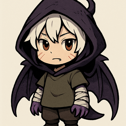 Un manakete en estilo chibi/cuerpo completo. Se ve como un niño pequeño con cabello blanco desordenado. Sus alas de dragón, morado oscura y membranosas, están enrolladas alrededor de su cuerpo como si fueran una capucha, dándole un aire misterioso. Viste ropa casual y simple, algo holgada, que oculta sus verdaderos atributos. En sus brazos lleva vendas mal puestas, apenas cubriendo las escamas moradas de dragón que intentan asomarse bajo ellas, garras en las manos. En cada mejilla tiene tres marcas visibles como arañazos, y un colmillo visible. Su expresión es inocente pero enigmática, transmitiendo que no es un simple niño. El estilo es chibi pero con un aire ligeramente oscuro y mágico..
In-Game asset.  2d.  High contrast.  No shadows