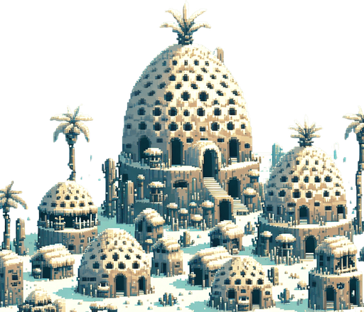 Create a minimal and stylized 8-bit pixelated background of an alien village made of pineapple-shaped huts, viewed from a distance so the buildings appear small and occupy a small lower part of the background. The sky should be light blue and occupy the majority of the image, with the huts constructed from various fruits and having primitive shapes. Use a softer color palette to ensure the background does not distract from the main game elements, capturing the essence of classic 8-bit era video games.
Single Game Texture. In-Game asset. 2d. Blank background. High contrast. No shadows.