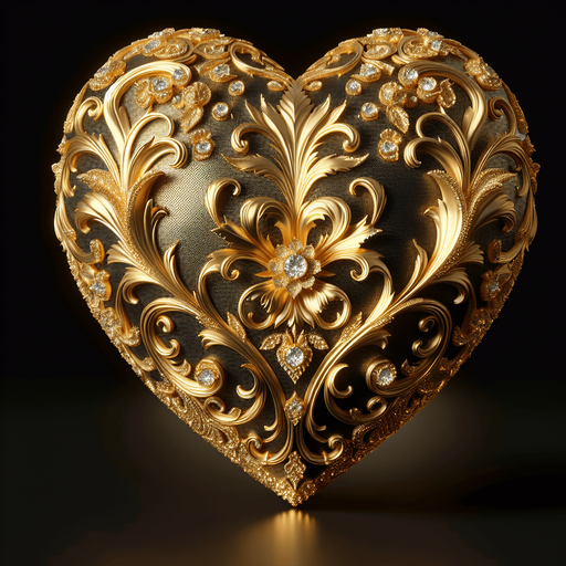 Big shining gold heart verly slightly ornate.
face view.