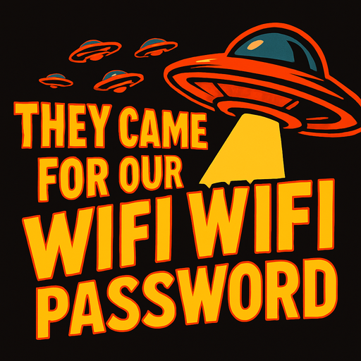 Title banner that says " They Came for Our WiFi password" in retro UFO science fiction style font.
In-Game asset.  2d.  High contrast.  No shadows