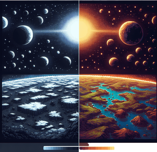 Outterspace above, terra firma below.
Single Game Texture. In-Game asset. 2d. Blank background. High contrast. No shadows.