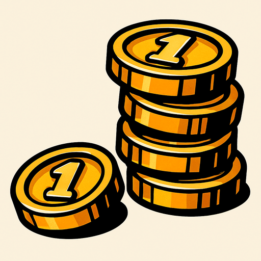 5 tane üst üste durmuş, kule gibi ama yamuk olan ve bir tanede yere düşmüş madeni para.
In-Game asset.  2d.  High contrast.  No shadows