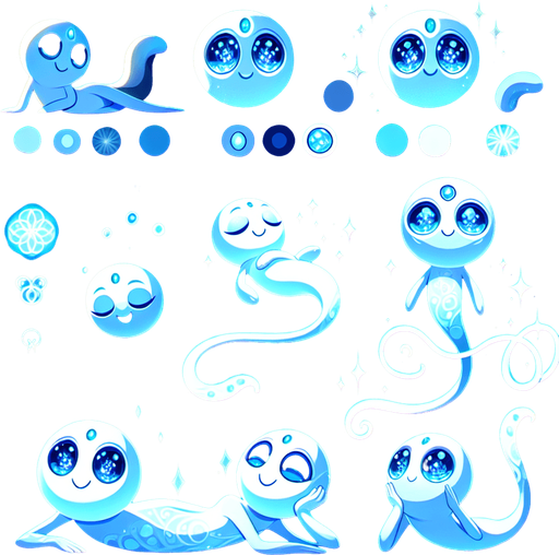 Design a whimsical, uplifting, and glowing character to represent the True Self in a self-discovery game. The character has a soft, fluid form with a shimmering blue body that radiates light and positivity. Its face is friendly and approachable, with round, twinkling eyes full of curiosity and warmth. The character’s playful design includes rounded features and a swirling tail that gives it a floating, ethereal quality. Its posture is relaxed and confident, often depicted leaning back with a serene smile, exuding calmness and self-assurance. The vibrant blend of light blues and whites creates a magical, almost celestial presence, making it a comforting guide for the hero. This character symbolizes inner strength, self-awareness, and positivity, acting as a source of guidance and encouragement throughout the journey..
In-Game asset. 3d. Blank background. High contrast. No shadows.