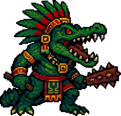 Genérame una Caiman llanero guerrero azteca con eso patrones, estilo pixelar, con una apariencia maligna, ojos rojos, rabioso. Unidad cuerpo a cuerpo. Animal.
In-Game asset.  2d.  High contrast.  No shadows