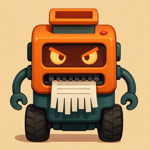 An aggressive mobile paper shredder robot. Viewed from a straight angle right in front. Cute soft graphics. soft ambient light. semi-matte to satin surfaces. naturalistic with slight saturation boost colors. 
In-Game asset.  2d.  High contrast.  No shadows. top down.
