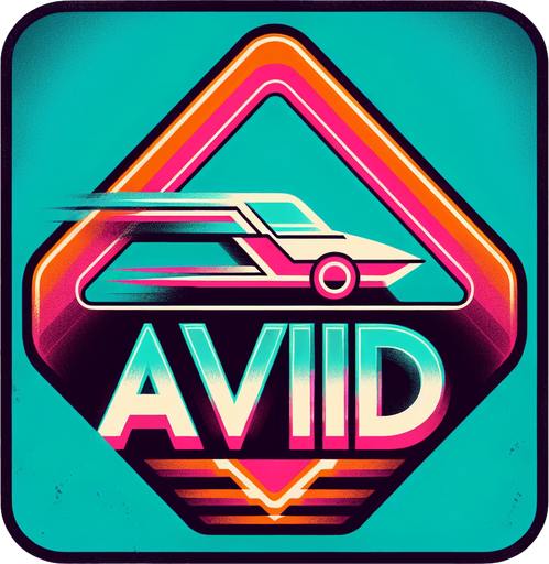 retro sign that says "avoid" with an flying car symbol in neon colors.
Single Game Texture. In-Game asset. 2d. Blank background. High contrast. No shadows.