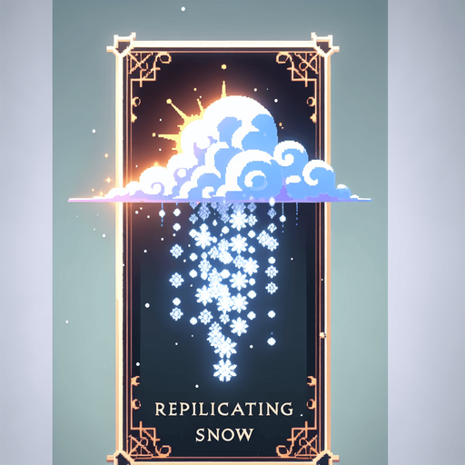 a pergament letter with the name "Replicating Snow". It has a cloud with replicating snowflakes on it. vertical. Single Game Texture. In-Game asset. 2d. Blank background. High contrast. No shadows.