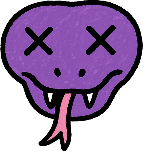 cabeza de serpiente morada con x en los ojos.
In-Game asset.  High contrast.  No shadows. 2d draw, kid draw, simple, minimalistic