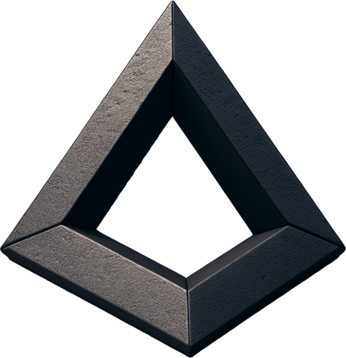 black plastic 3d triangle.
Single Game Texture.  In-Game asset.  2d.  Blank background.  High contrast.  No shadows