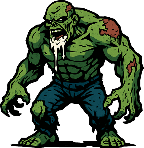 bana büyük bir zombi yap ama yine ağızında salyalar olsun dağınık olsun ve güçlü dursun.
In-Game asset.  2d.  High contrast.  No shadows