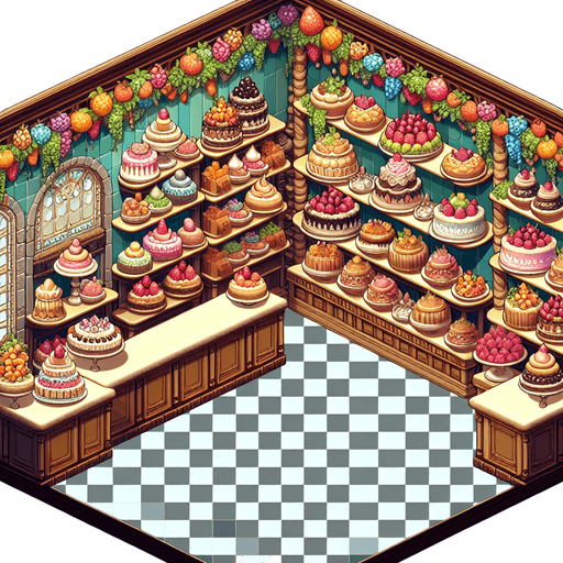 A bakery wall with shelves full of cakes, toppings, berries. Rich game illustration style..
Single Game Texture. In-Game asset. 2d. Blank background. High contrast. No shadows.