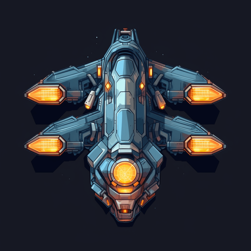 Hero Spaceship, flying up, single cannon in the center
Game Texture. In-Game asset. 2d. Pixelart. blank background. Low detail. High contrast.