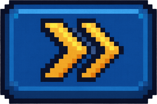 Blue button with two yellow chevrons in a row, pixel art style.