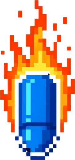 Draw a fiery bullet, blue, pixel 2d. Looks down.
In-Game asset.  2d.  High contrast.  No shadows