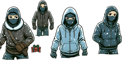 A beautiful winter snowy christmas landscape with ninja thieves kids lurking. Christmas gifts are hidden in the snow.
Single Game Texture. In-Game asset. 2d. Blank background. High contrast. No shadows.