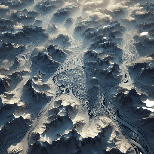 Photorealistic rocks covered by snow and ice, drone view