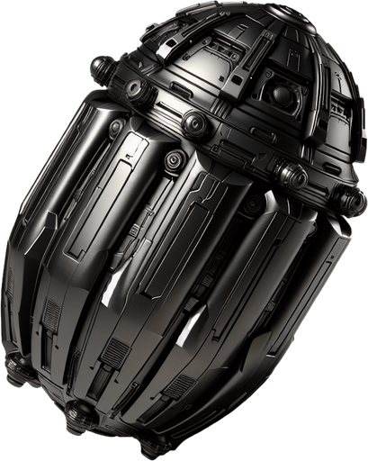 2d Ağır, metalik bir kapsül. Yüzeyi mat siyah, aerodinamik hatlara sahip. Üzerinde belirgin açılma mekanizmaları ve iniş takımlarını andıran çıkıntılar var. Etrafında hafif bir uğultu ve titreşim hissediliyor. İçinde ne olduğu bilinmiyor, ancak tehlikeli bir şey taşıdığı kesin..
Single Game Texture.  In-Game asset.  2d.  Blank background.  High contrast.  No shadows