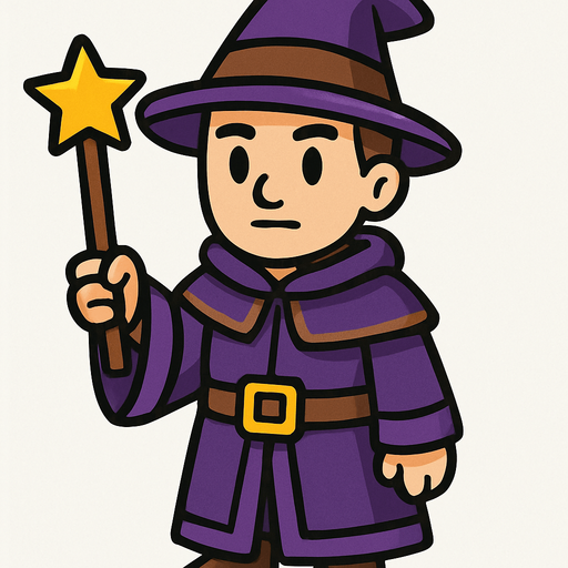 Mago con sombrero morado y marrón sin barba con varita con estrella, de cuerpo entero.
In-Game asset.  2d.  High contrast.  No shadows