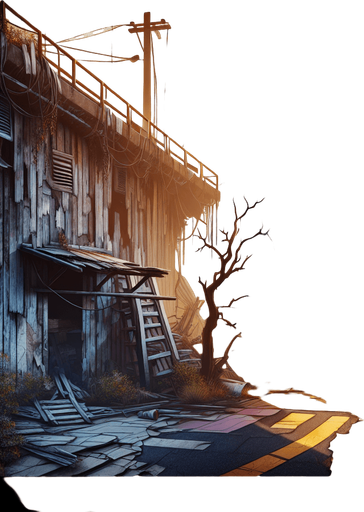 zombie epidemic abaounded place.
Single Game Texture. In-Game asset. 2d. Blank background. High contrast. No shadows.
