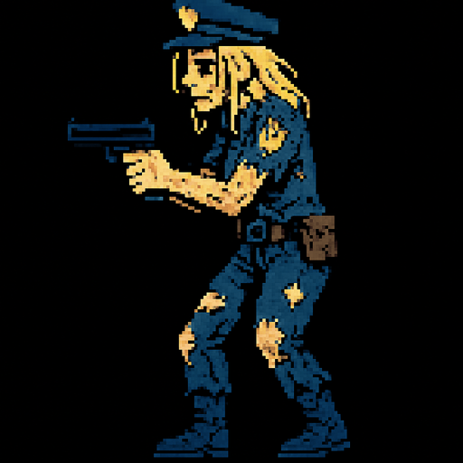 A side-view, animated blonde woman in a police uniform holding a gun. She looks worn out, and her clothes are torn..
In-Game asset.  2d.  High contrast.  No shadows. pixel art