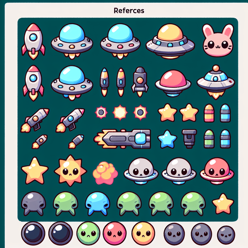 Spritesheet, modern, mobile game, cute, fun. Colorful. Including spaceships, UFOs, Guns, Boosters, Powerups, Asteroids, Boss...
In-Game asset. 2d. Blank background. High contrast. No shadows.