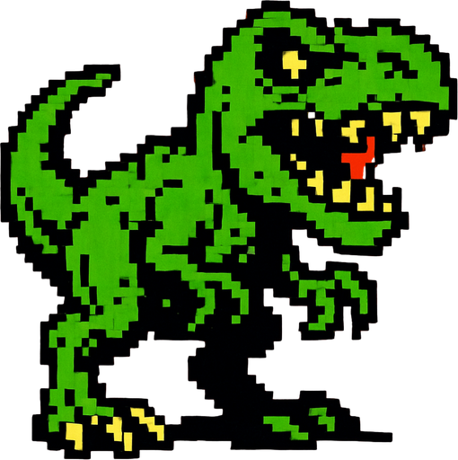 90'lardaki retro oyun dinazoru. vahşi olsun. yeşil renk olsun
In-Game asset.  2d.  High contrast.  No shadows