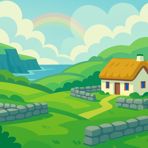 A 2D cartoon-style background inspired by the scenic countryside of Ireland. Include lush green rolling hills, stone fences, a small traditional Irish cottage with a thatched roof, and distant cliffs near the sea. Add a cloudy sky with a soft glow, and maybe a faint rainbow. Style it in vibrant, game-friendly vector or flat cartoon style. Perfect for a mobile music game featuring traditional Irish instruments. Export as a wide image (1920x1080) with no text or characters — just background..
In-Game asset.  2d.  High contrast.  No shadows