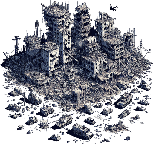 a city that is wartorn and has many explosoins and brocken buildings.
Single Game Texture.  In-Game asset.  2d.  Blank background.  High contrast.  No shadows