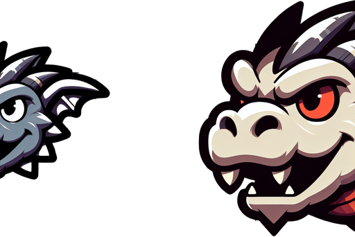 A sprite sheet for a dragons head. Head straight forward with mouth open and one with mouth closed. Cartoon..
Single Game Texture.  In-Game asset.  2d.  Blank background.  High contrast.  No shadows